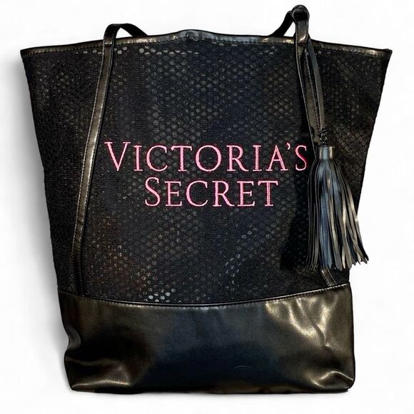 Victoria's Secret Black Mesh Tote Bag Pink Embroidered Letters Dual Handle - Picture 1 of 7